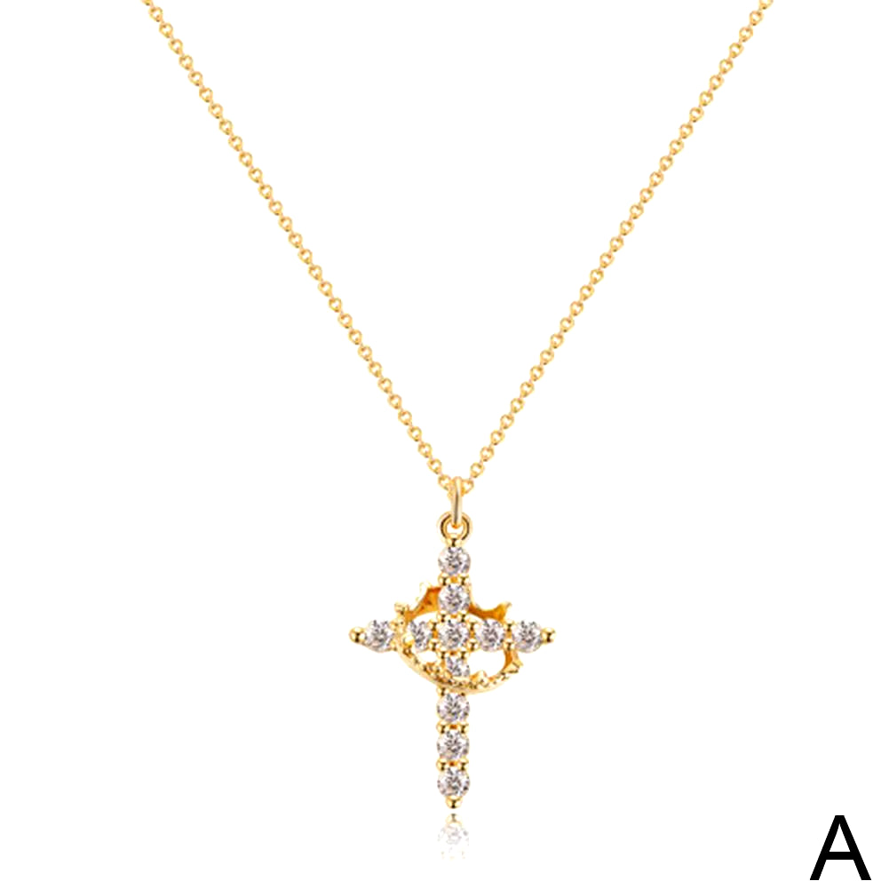 New High-Looking Cubic Zircon Plated 14K Gold 50Cm Length Women Cross Necklace Crown Rotatable Hang Jewelry for Women Gift